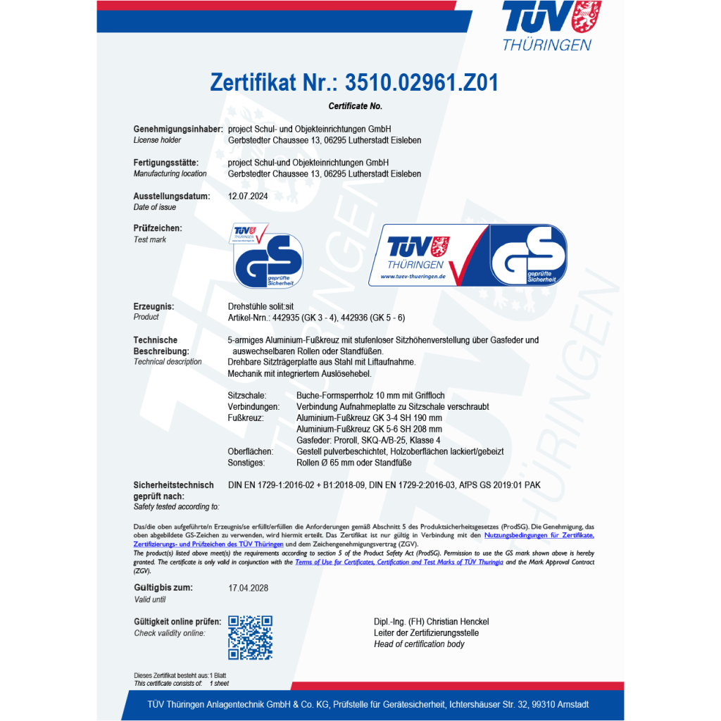 Zertifikate | Stühle/Sitzmöbel | solit Drehstuhl 