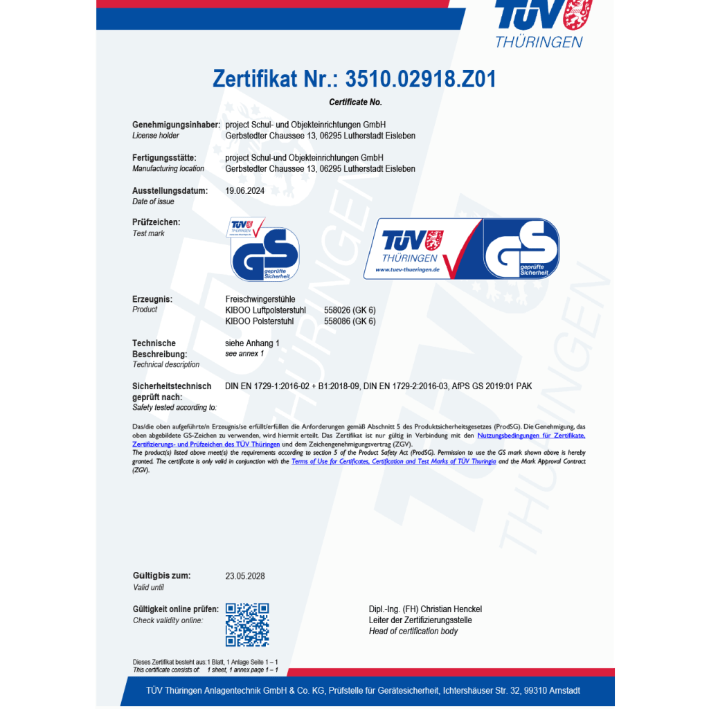 Zertifikate | Stühle/Sitzmöbel |  Kiboo Freischwingerstuhl