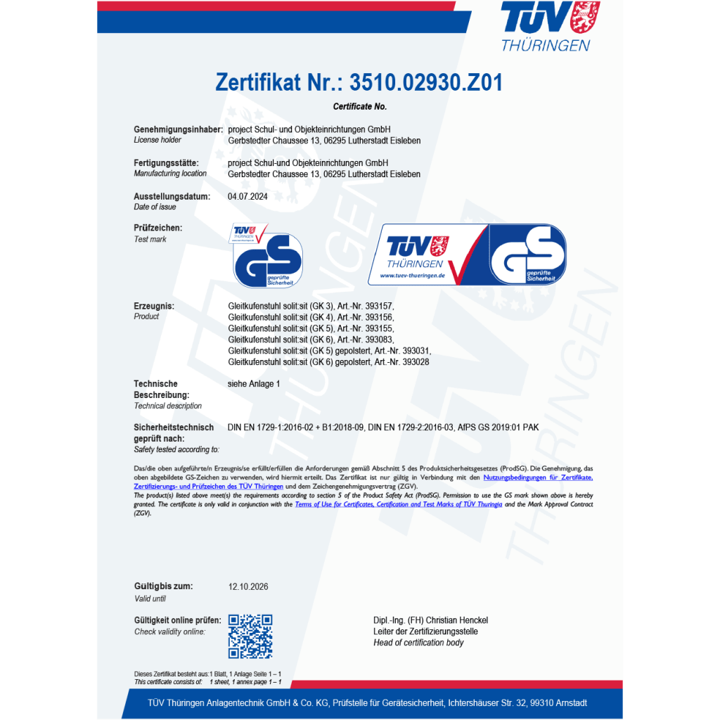 Zertifikate | Stühle/Sitzmöbel | solit:sit Gleitkufenstuhl