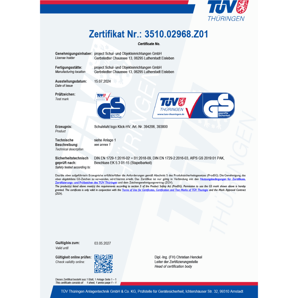 Zertifikate | Stühle/Sitzmöbel | Logo Klick-HV Stuhl