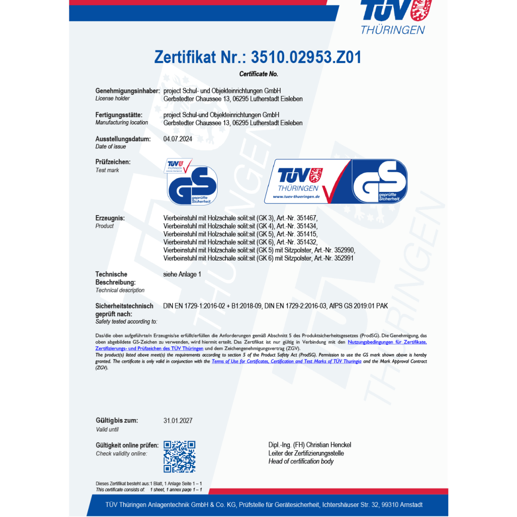 Zertifikate | Stühle/Sitzmöbel | solit:sit Vierbeinstuhl