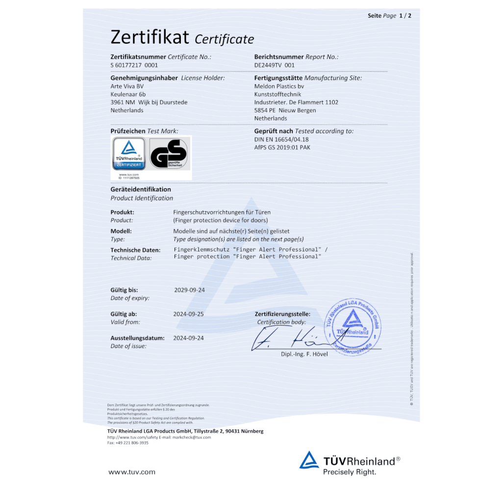 Zertifikate | Fingerklemmschutz | 12 | ab Fingerschutzvorrichtung für Türen