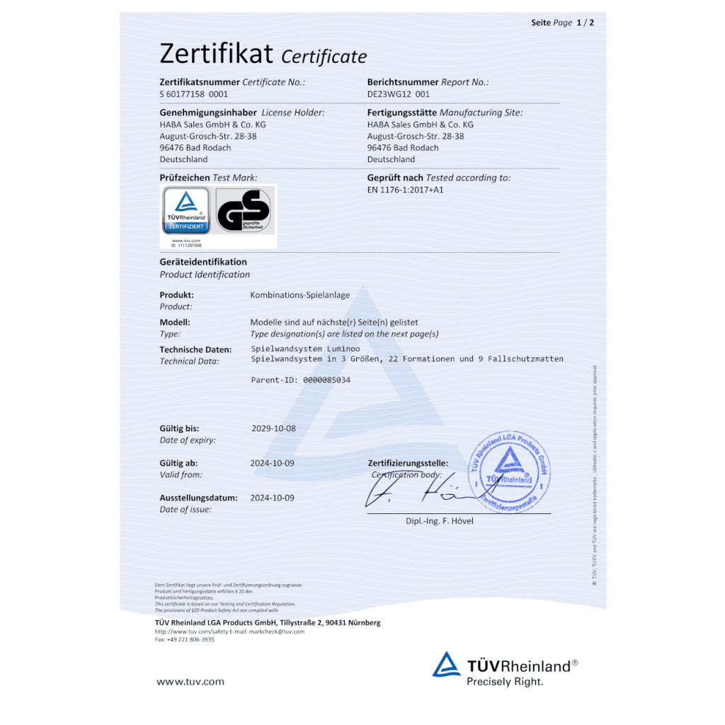 Zertifikate | Luminoo Spielwandsystem