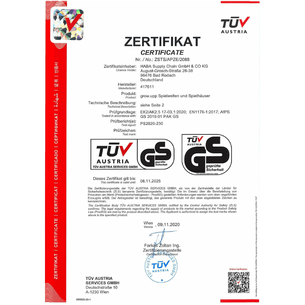 Zertifikate | Podeste/2. Ebene | grow.upp Spielhäuser & Spielwelten