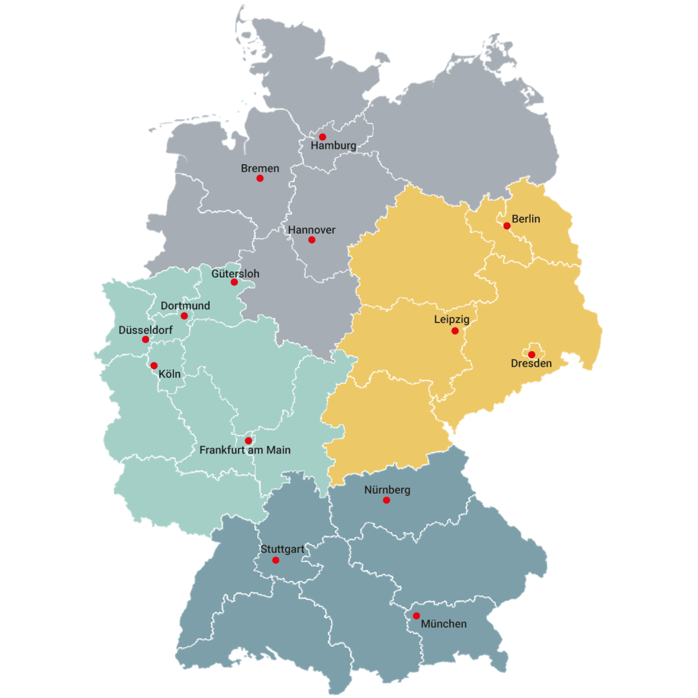 Beratung | Deutschlandkarte nach Bundesländern und Außendienst-Gebiete eingeteilt, mit den jeweiligen Hauptstädten