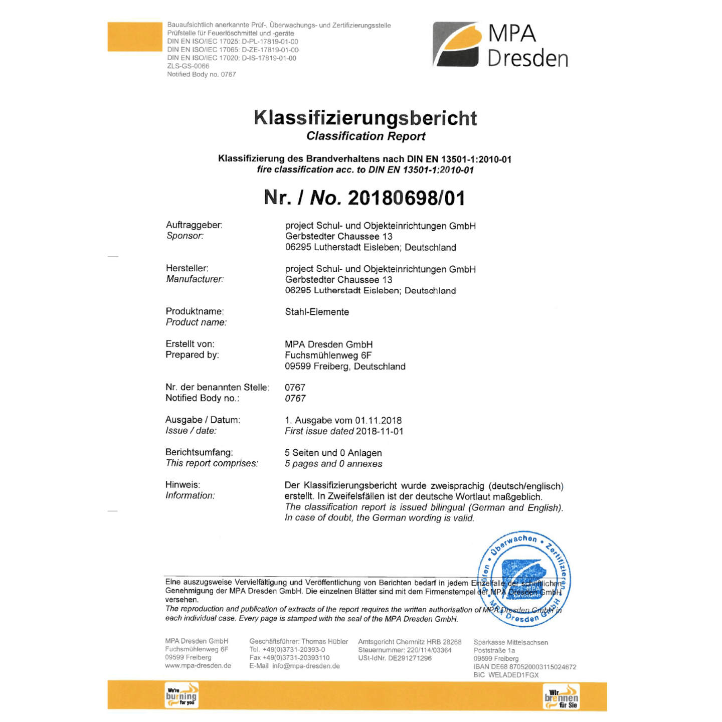 Zertifikate | Schallschutz/Brandschutz | Flurmöbel-Stahl-Elemente
