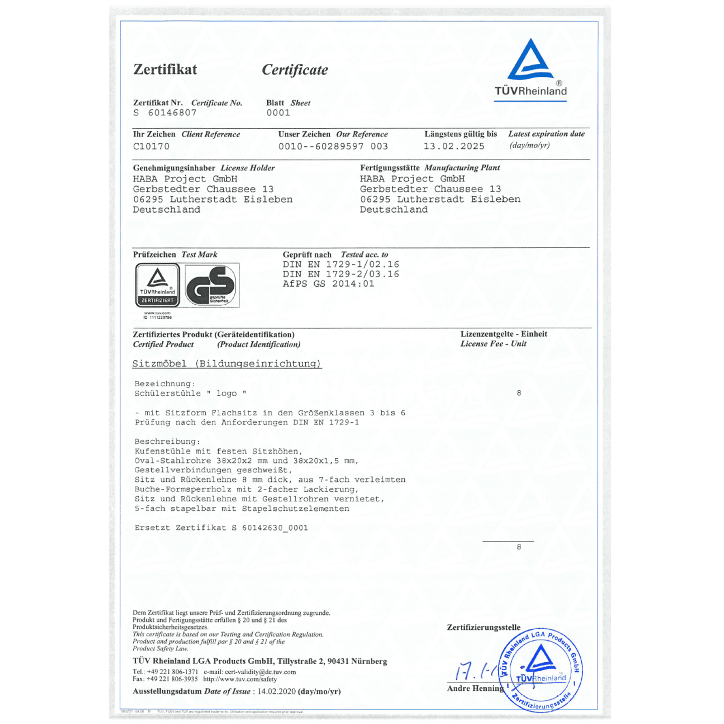 Zertifikate | Stühle/Sitzmöbel | Logo Stuhl 3-6 