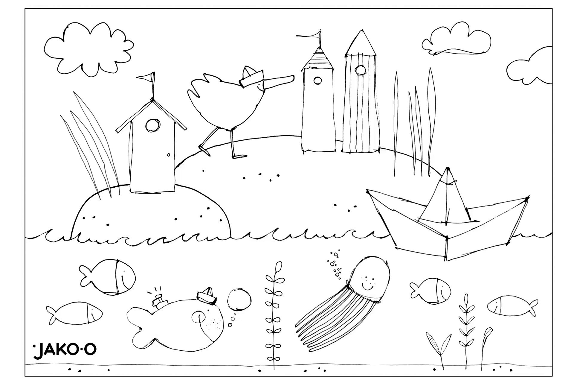 Basteln mit Kindern | Ausmalbild mit Vogel, Fischen, Türmen und Wasser, noch nicht ausgemalt