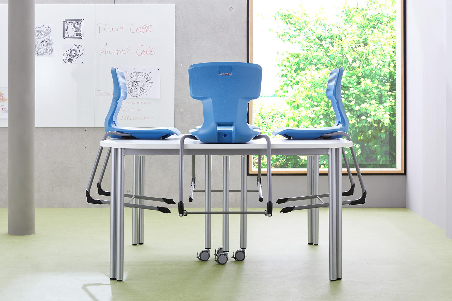 Lernraum | Stühle | Schwingstühle mit blauen Rück-, Sitzlehnen hochgestellt auf einem Tisch und stehen vor einem Fenster