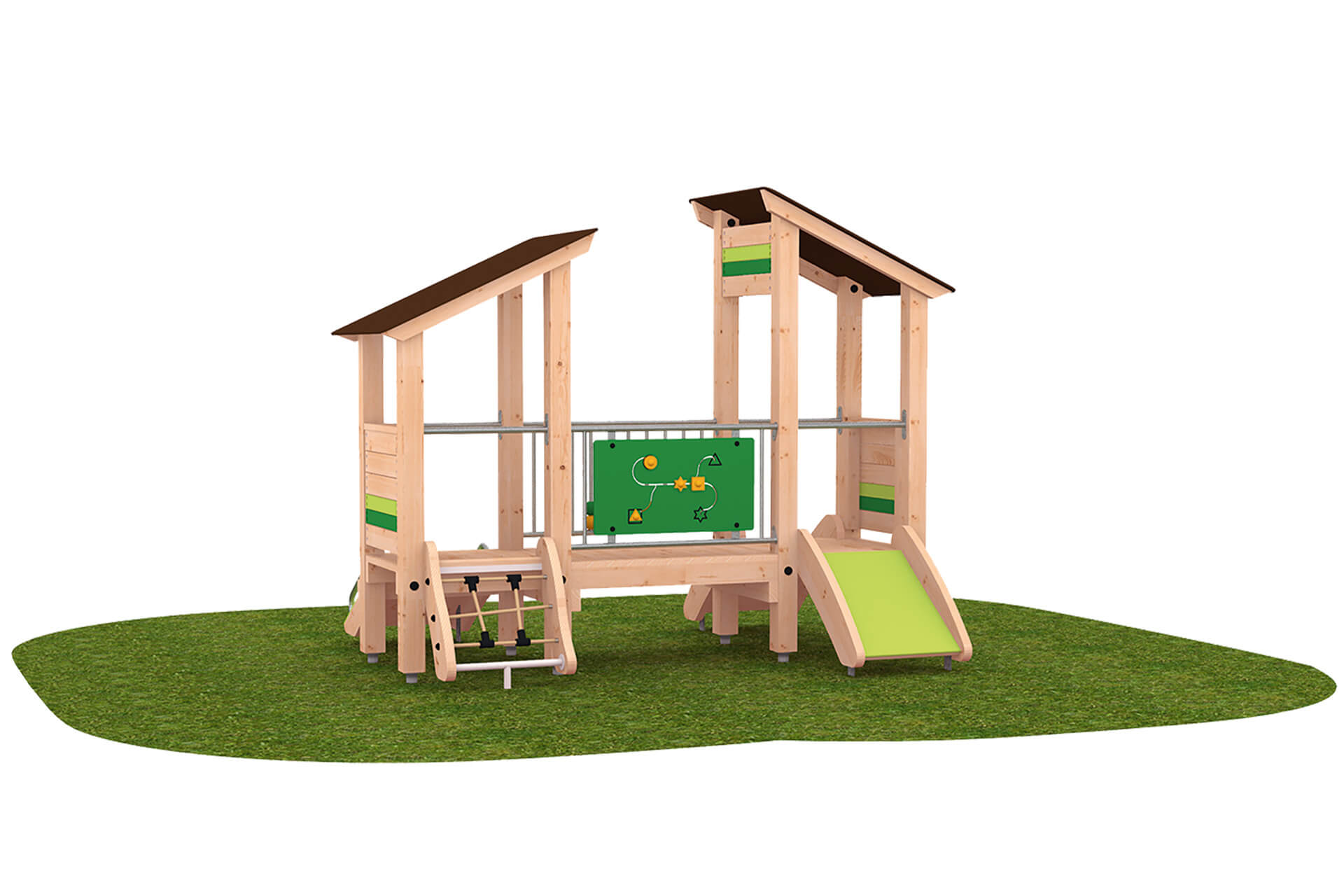 Outdoor-Spielsystem | Spielanlagen für die Kleinsten | Zwei-Turm-Spielanlage Motorikaufgänge