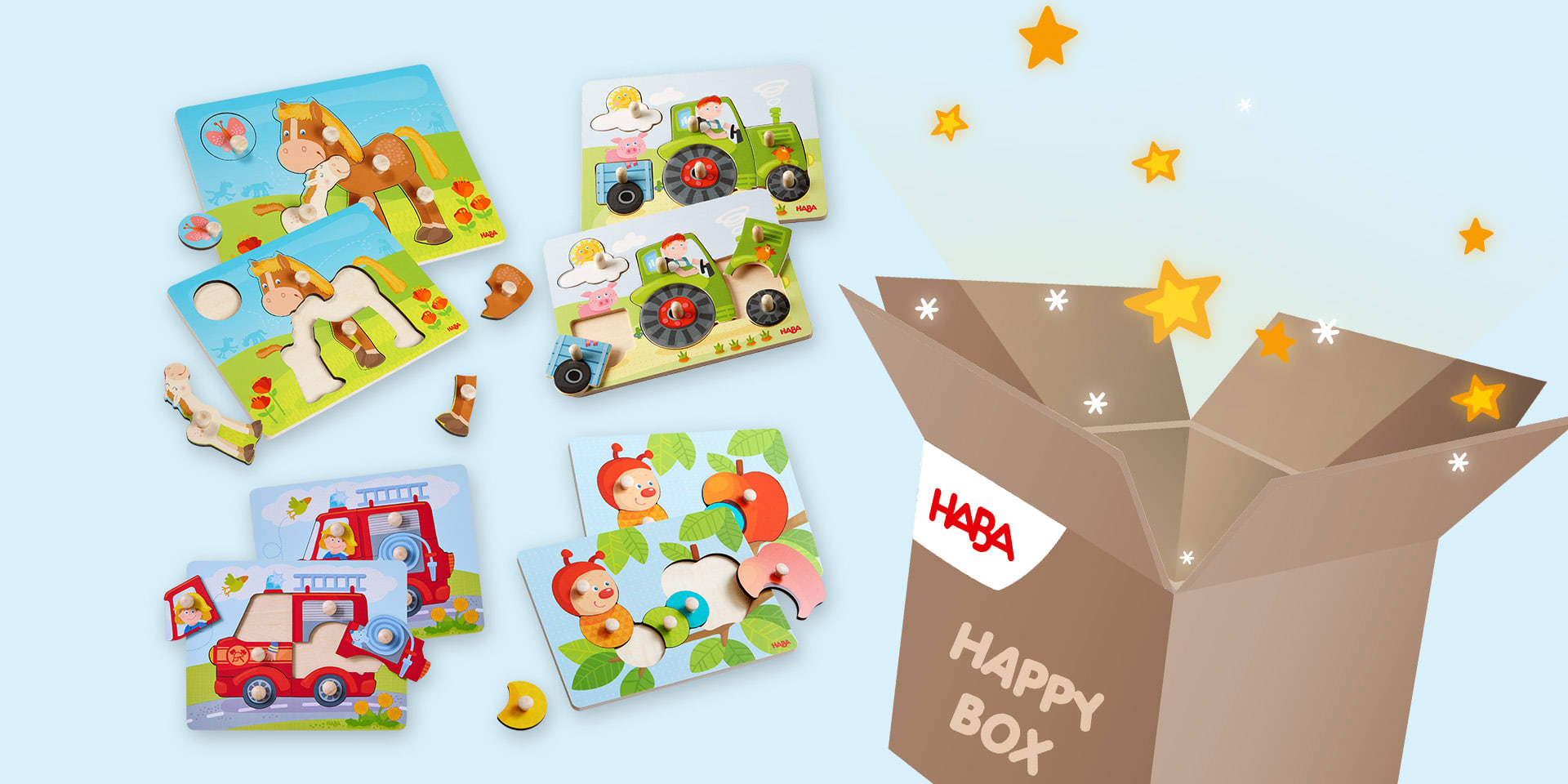 Die HABA Überraschungsbox mit 8 Greifpuzzles aus Holz