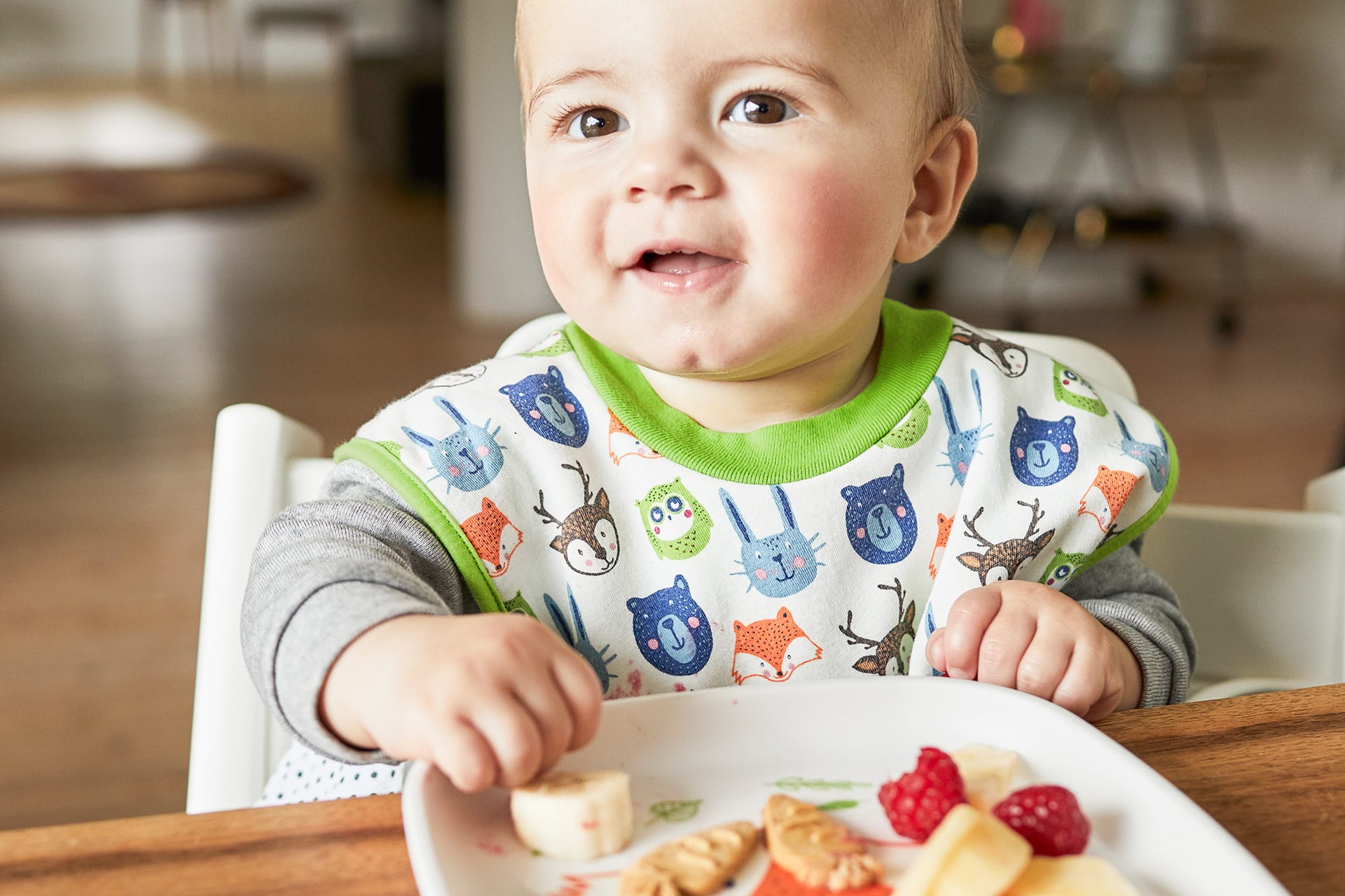 Was ist Baby Led Weaning | Baby sitzt vor einem Teller mit Obst