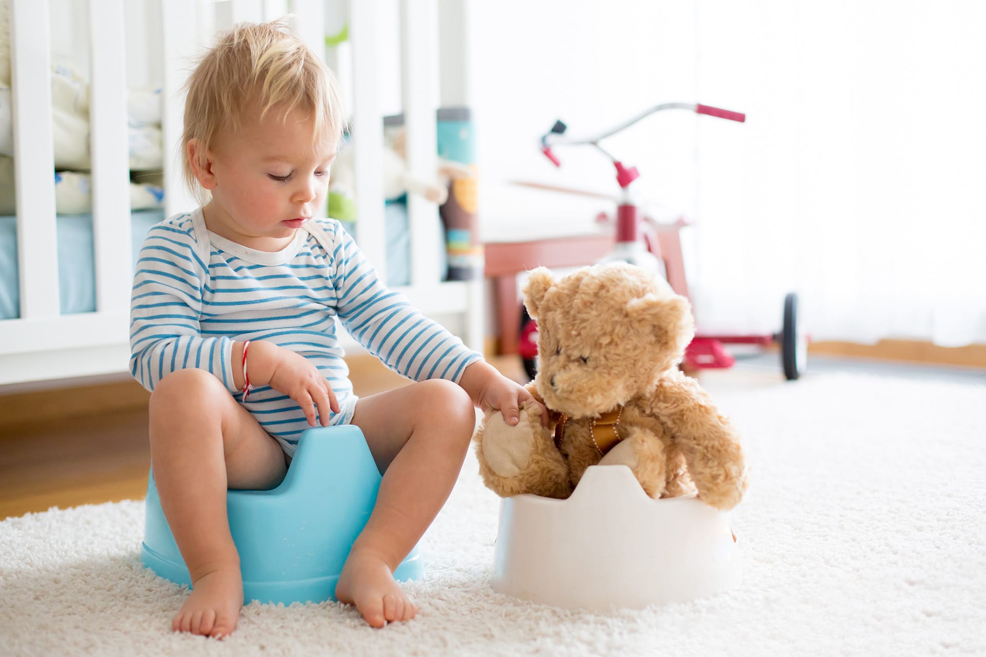 Windelfreie Erziehung | Klein Kind sitzt mit seinem Teddy auf dem Töpfchen