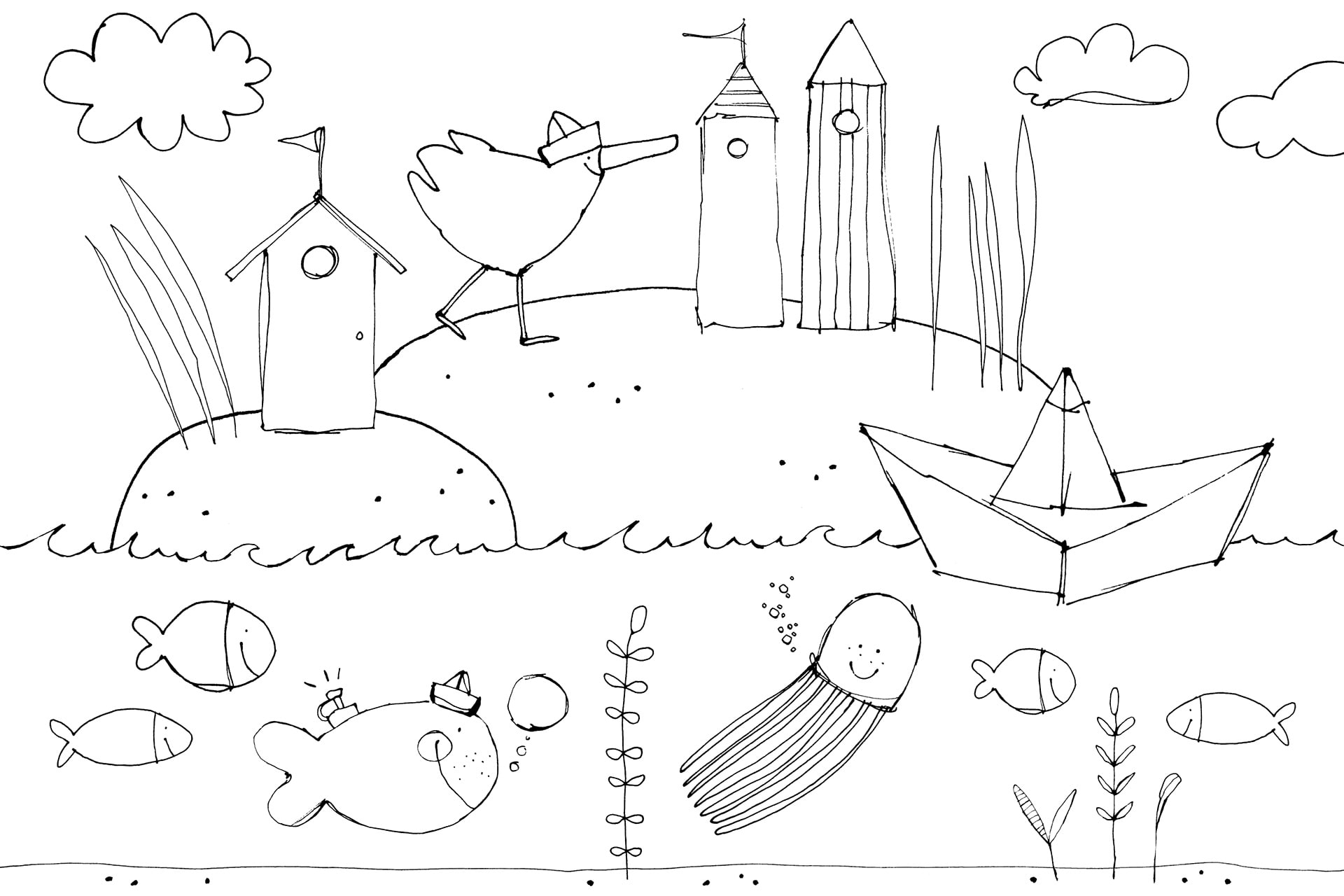 Geschenke basteln | Ausmalbildvorlage mit Enten, Fischen, Quallen, Schiffchen und Türmen
