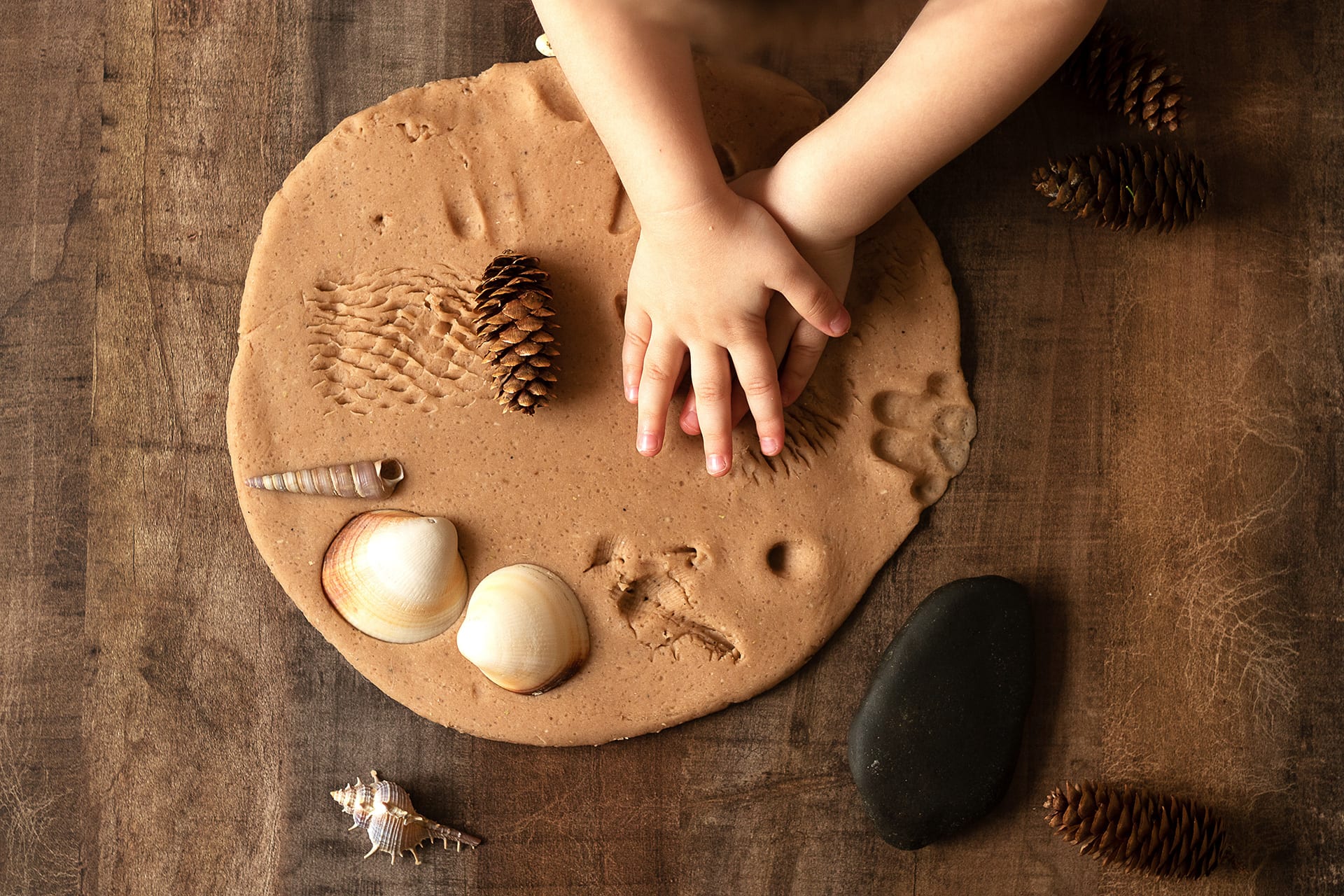 Geschenke basteln | Kinderhände drücken Muscheln und Tannenzapfen in ausgerolltem Salzteig