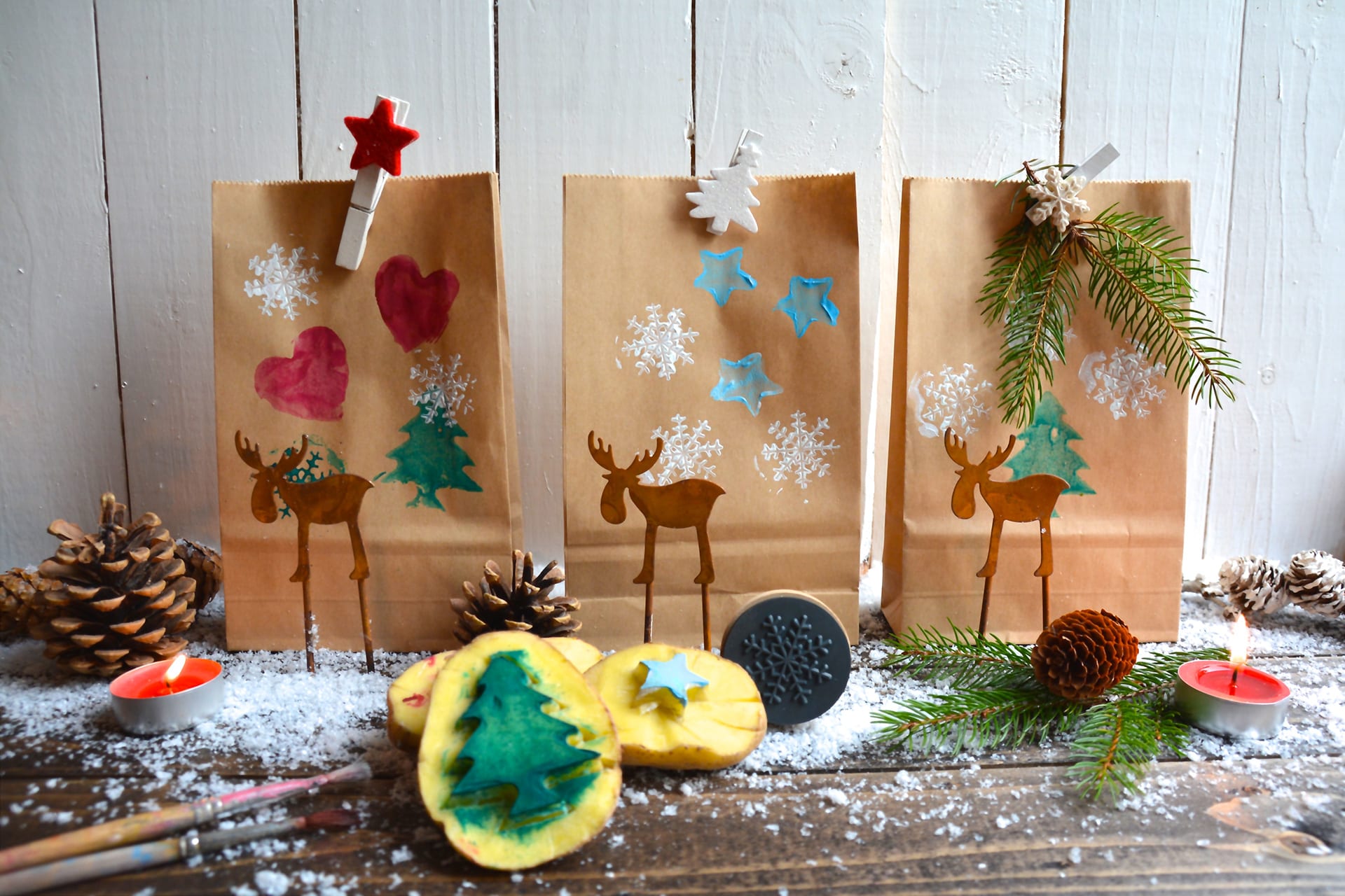 Weihnachtskarten basteln | Kartoffeldruck