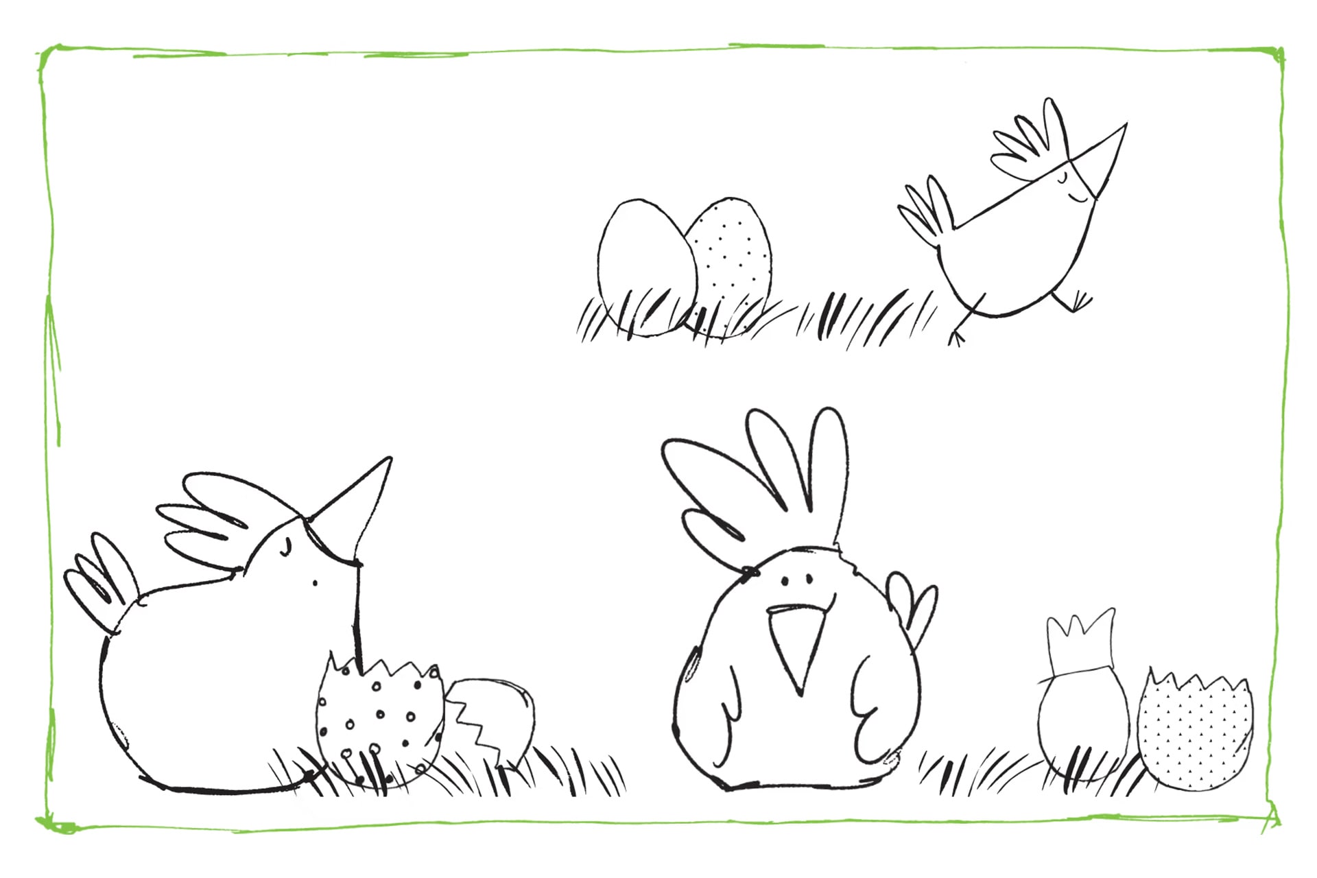 Mal- und Bastelvorlagen | Image | Malvorlage Ostern mit Hühnern, Gras und Ostereiern als Schwarz-Weiß-Skizze