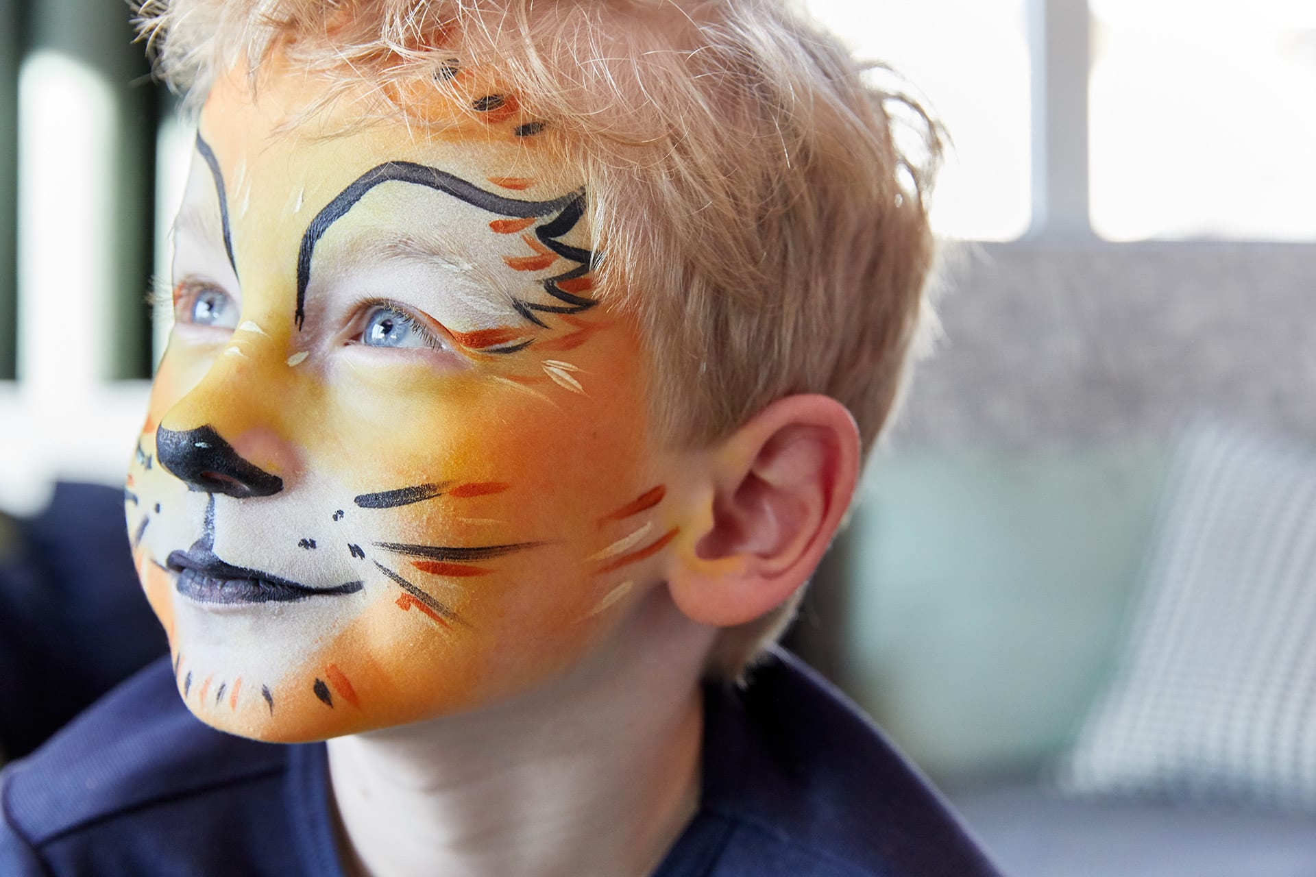 Faschings schminken | Image | Blonder Junge, Gesicht als Löwe geschminkt mit oranger, weißer brauner Schminke