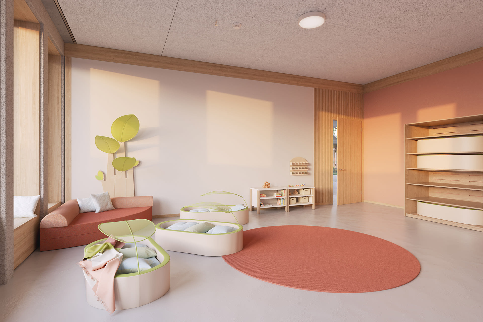 Farbgestaltung von Räumen |  Raum mit TERRA-farbener Wand und Rundteppich in der Mitte, darauf stehen Schlafkörbe für Babys und Sofa in der Ecke