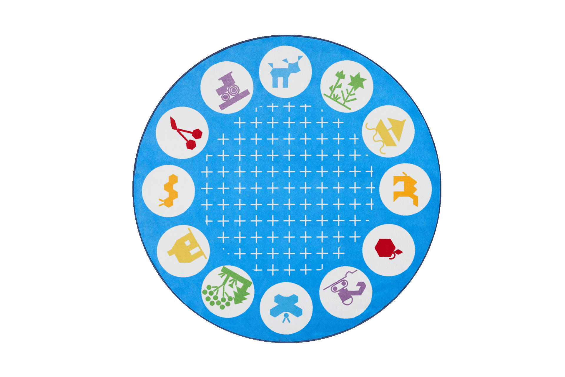 Fröbel Pädagogik | blauer Teppich mit verschiedenen Motiven