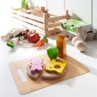 Kinderküche & Kaufladen | Holztablett Holzbrot, Holzkäse, Eier und andere Gemüsesorten