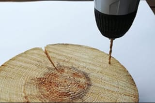 DIY-Anleitung: Hochzeitsgeschenk |  Bohrmaschine bohrt Loch in Baumscheibe