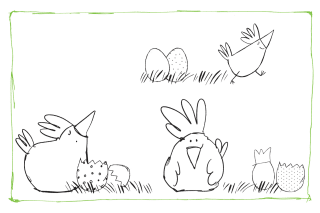 Mal- und Bastelvorlagen | Image | Malvorlage Ostern mit Hühnern, Gras und Ostereiern als Schwarz-Weiß-Skizze