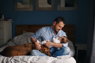 Hund und Baby |  Vater hat Baby im Arm und Hundkopf auf dem Schoß