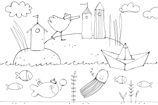 Geschenke basteln | Ausmalbildvorlage mit Enten, Fischen, Quallen, Schiffchen und Türmen