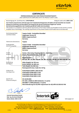 Zertifikate | Stühle/Sitzmöbel | Ortho Erzieherinnenstuhl