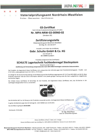 Zertifikate | Korpusmöbel/Regalsysteme | Fachboden Stahlregale