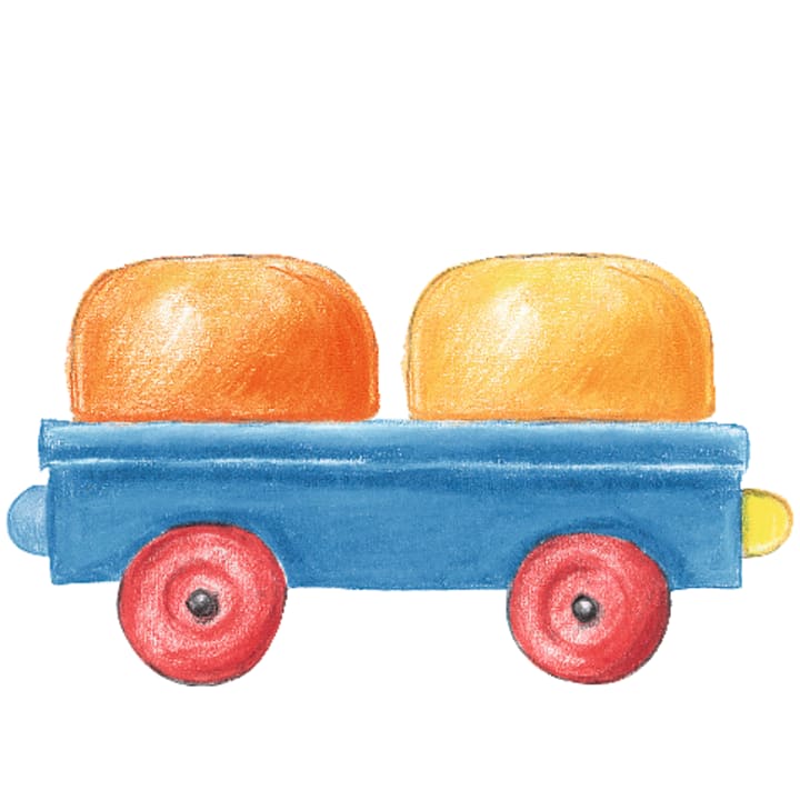 Eine einfache Illustration eines blauen Spielzeugeisenbahnwagens mit zwei großen, abgerundeten Blöcken - einem orangefarbenen und einem gelben - auf der Oberseite und zwei roten Rädern auf der Unterseite, vor einem weißen Hintergrund.