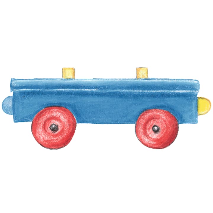 Illustration eines einfachen Spielzeugeisenbahnwagens mit einem blauen rechteckigen Körper, zwei großen roten Rädern und gelben und blauen Details oben und an beiden Enden.