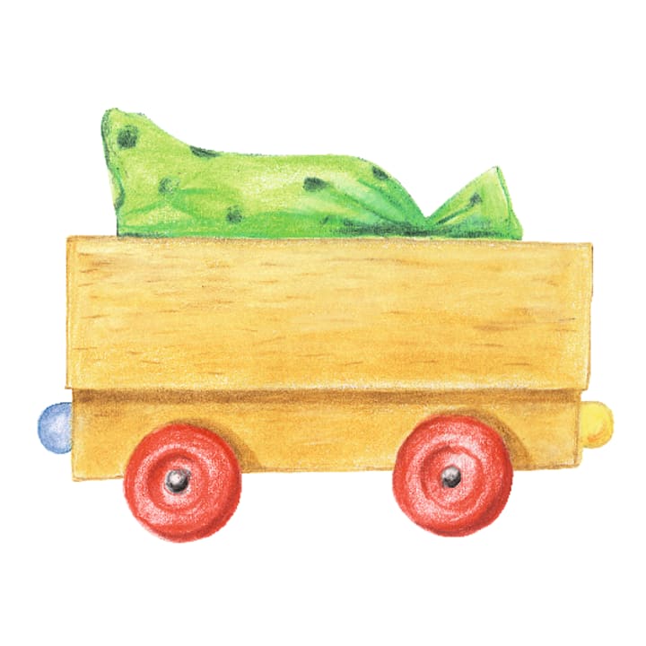 Ein hölzerner Spielzeugwagen mit roten Rädern und einer grün gefleckten Decke oder einem Tuch im Inneren, dargestellt in einer einfachen Seitenansicht.