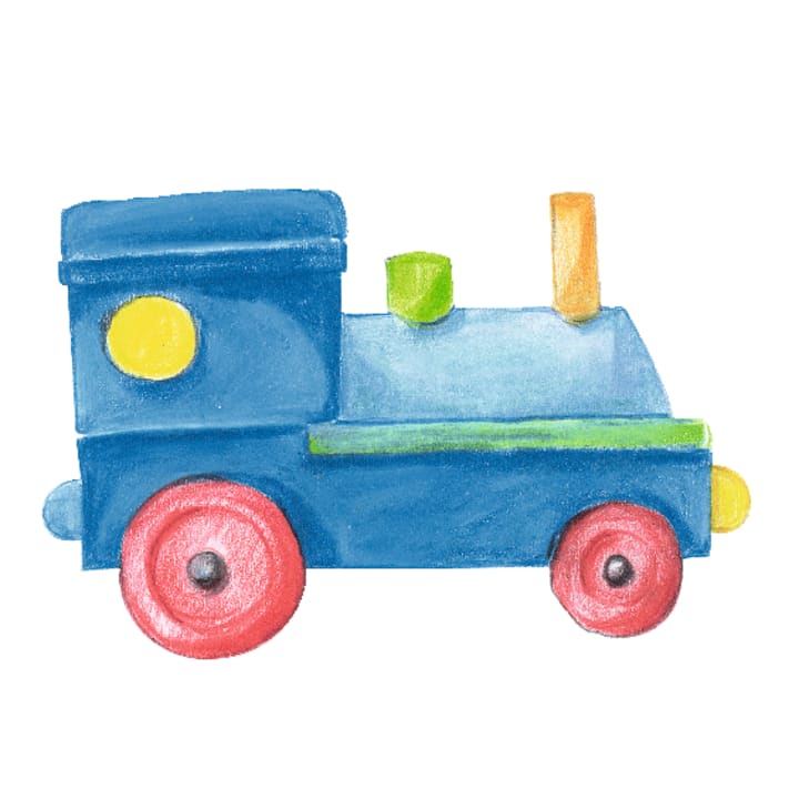 Eine einfache Illustration einer blauen Spielzeugeisenbahn mit zwei großen roten Rädern, einem gelben kreisförmigen Detail an der Seite, einem grünen Block an der Spitze und einem gelben zylinderförmigen Schornstein. Der Hintergrund ist weiß.
