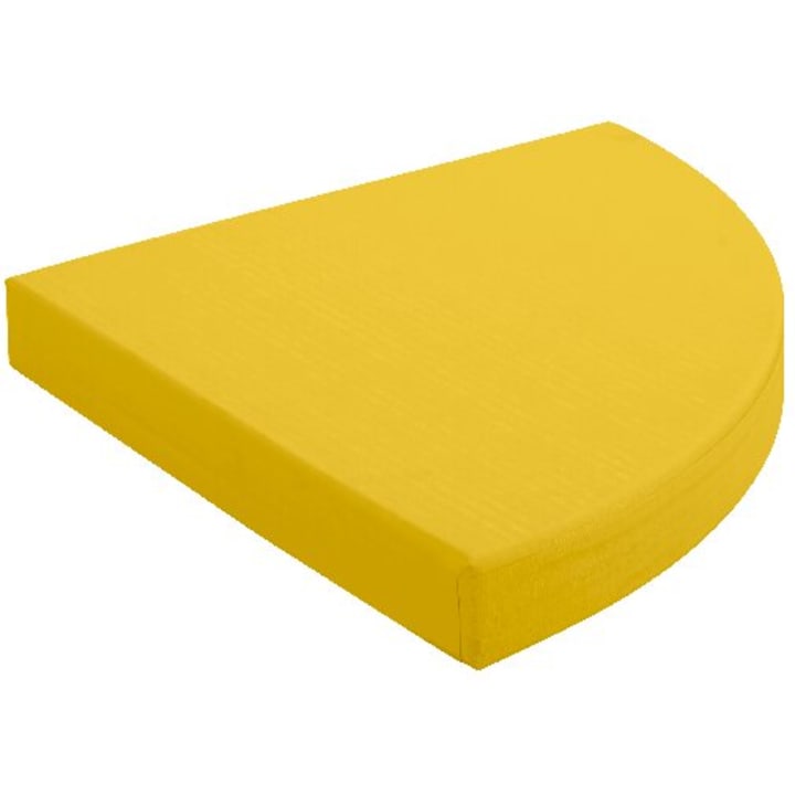 Ein gelber Schaumstoffblock in Form eines Halbkreises mit einer flachen Basis und einer gebogenen Oberkante, dargestellt vor einem weißen Hintergrund.