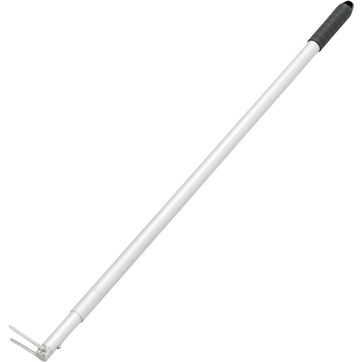 Ein langstieliges Werkzeug mit einem weißen Stiel, einem schwarzen Griff an einem Ende und einem kleinen Metallgabelaufsatz mit zwei Zinken am anderen Ende.