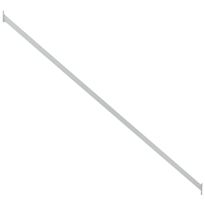 Eine lange, dünne, gerade Metallstange mit Befestigungsklammern an beiden Enden, die diagonal vor einem weißen Hintergrund angeordnet ist.