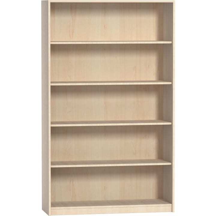Ein Bücherregal aus hellem Holz mit fünf leeren Fächern, dargestellt vor einem schlichten weißen Hintergrund. Das Bücherregal hat eine einfache, rechteckige Form.