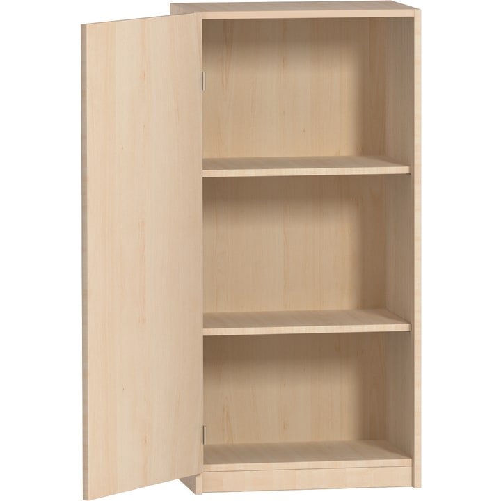Ein heller Holzschrank mit einer offenen Tür, die drei leere Fächer im Inneren offenbart. Der Schrank hat ein einfaches, modernes Design und ist schmucklos.