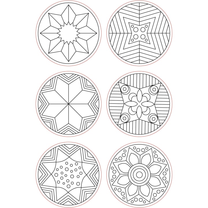 Sechs kreisförmige Mandala-Motive, jedes mit einem einzigartigen geometrischen oder floralen Muster in schwarzer Farbe, angeordnet in zwei Dreierreihen, alle mit rotem Rand auf weißem Hintergrund.