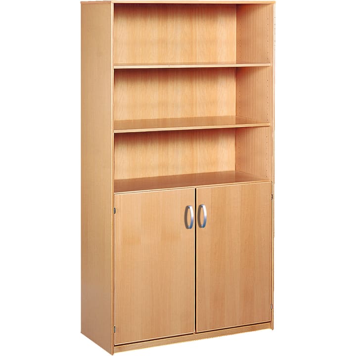 Hellbraunes Bücherregal aus Holz mit drei offenen Regalen oben und einem zweitürigen Schrank mit silbernen Griffen unten. Die Schranktüren sind geschlossen, und die Regale sind leer.