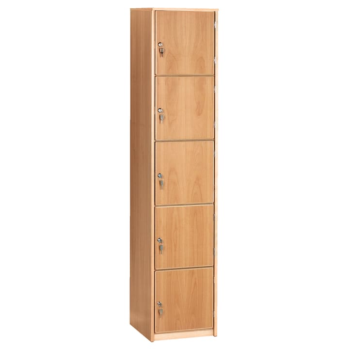 Ein hoher, schmaler Holzschrank mit sechs einzelnen Fächern, jedes mit einem Schlüsselschloss und einem Metallgriff. Der Schrank hat eine helle Holzoberfläche und vertikale Scharniere an der rechten Seite der Türen.