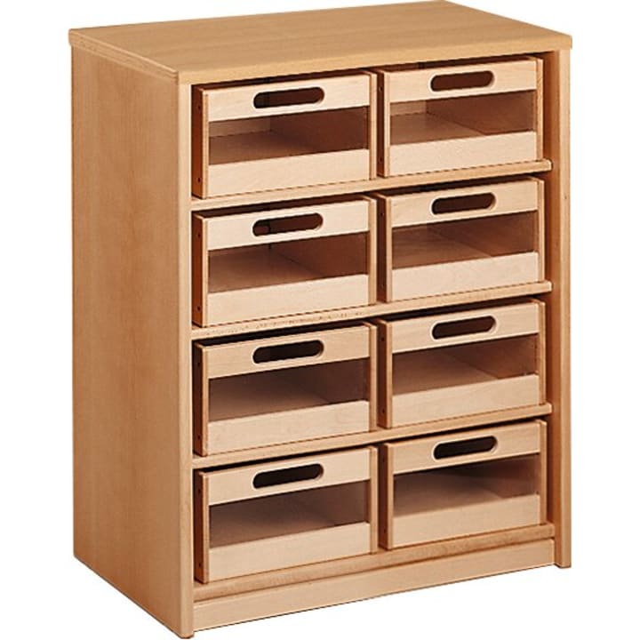 Ein Schrank aus hellem Holz mit drei Reihen von drei nach vorne offenen Schubladen, jede Schublade mit einem ovalen, ausgeschnittenen Griff, der auf einer flachen Oberfläche steht.