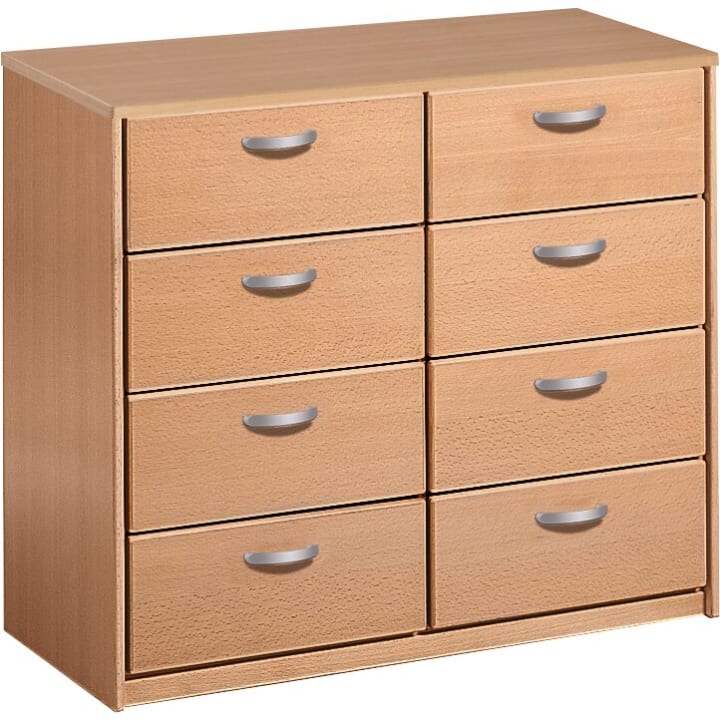 Hellbraune Holzkommode mit acht Schubladen, die in zwei Spalten und vier Reihen angeordnet sind. Jede Schublade ist mit einem geschwungenen Silbergriff versehen.