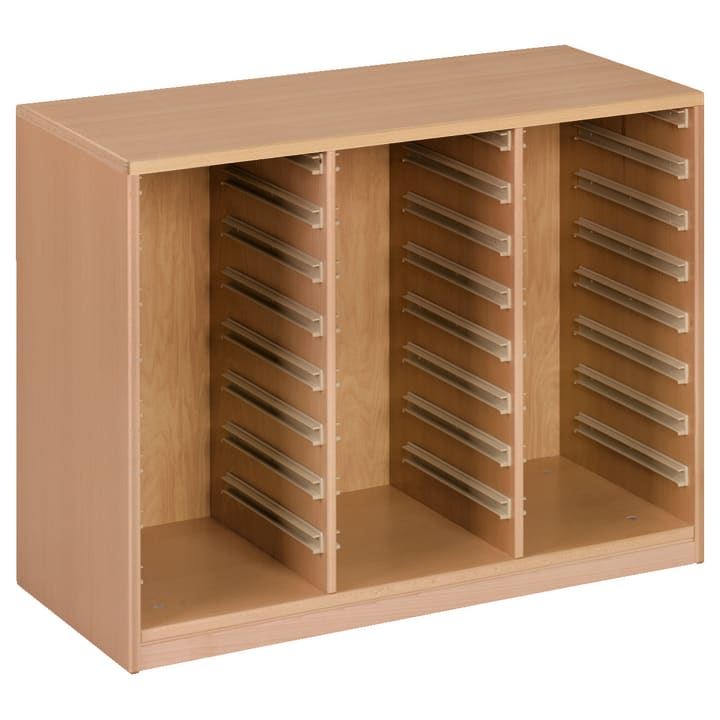 Ein Holzregal mit drei vertikalen Fächern, die jeweils mit mehreren gleichmäßig verteilten Metallschienen für verstellbare Regale oder Aktenfächer ausgestattet sind. Das Regal hat eine helle Holzoberfläche und ist leer.