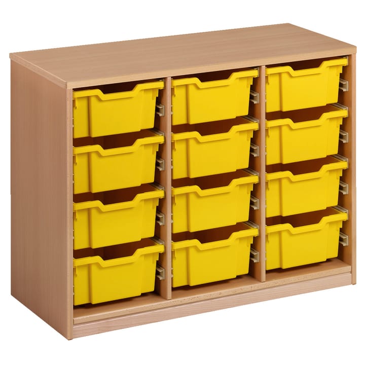Ein Holzregal mit drei Säulen, die jeweils vier gelbe Kunststoffauszugskästen enthalten, also insgesamt zwölf Kästen. Der Schrank steht auf einem schlichten weißen Hintergrund.