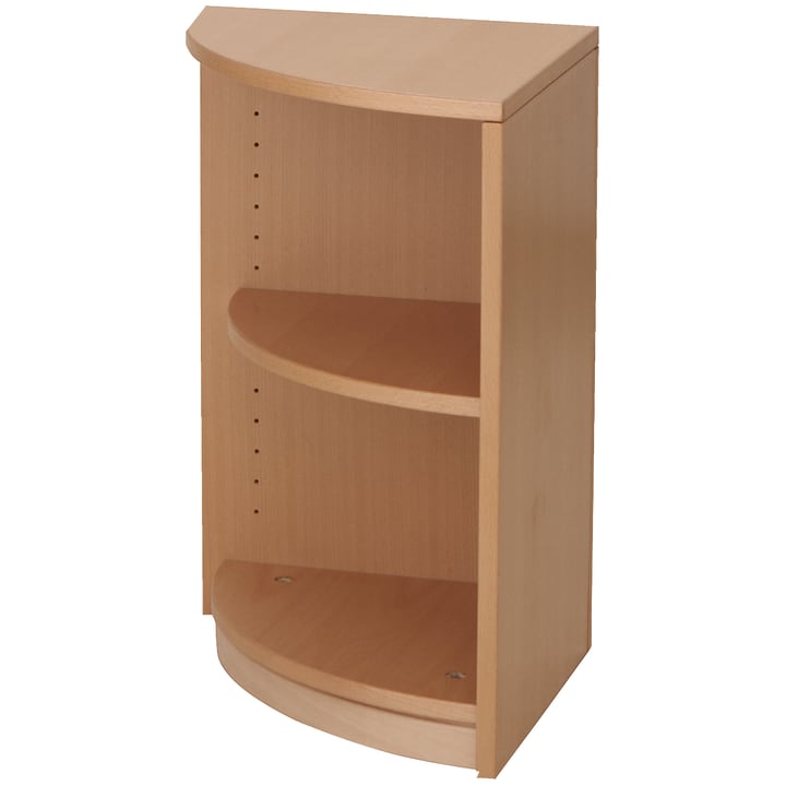 Ein Eckregal aus Holz mit hellbrauner Oberfläche, zwei verstellbaren Einlegeböden und einer glatten, geschwungenen Vorderkante. Die Seiten sind mit Löchern für die Höhenverstellung der Böden versehen.