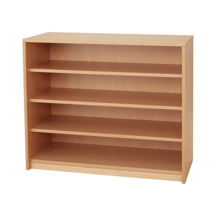 Hellbraunes Bücherregal aus Holz mit vier gleichmäßig verteilten Einlegeböden und offener Rückseite, das auf einer ebenen Fläche steht.