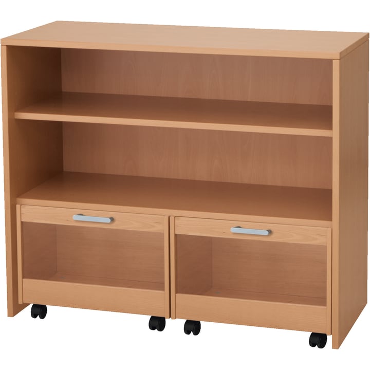 Helles Holzregal auf Rädern mit einem offenen Fach und zwei unteren Fächern, jeweils mit einer durchsichtigen Frontplatte und einem blauen Griff. Das Regal hat ein einfaches, rechteckiges Design.